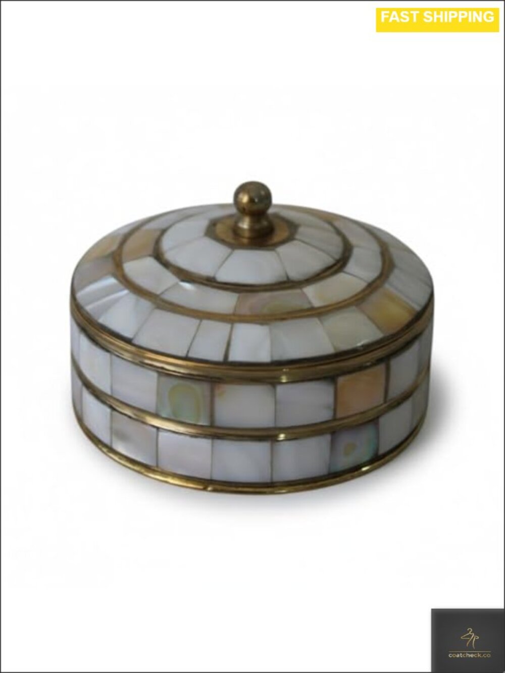 Brass Mother of Pearl Inlay Jewelry Box Handcrafted Round Trinket Organizer